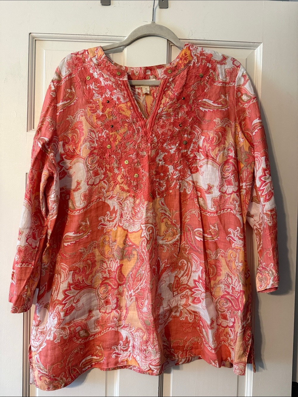 Charter Club Coral Paisley Embroidered V-Neck Tunic- linen